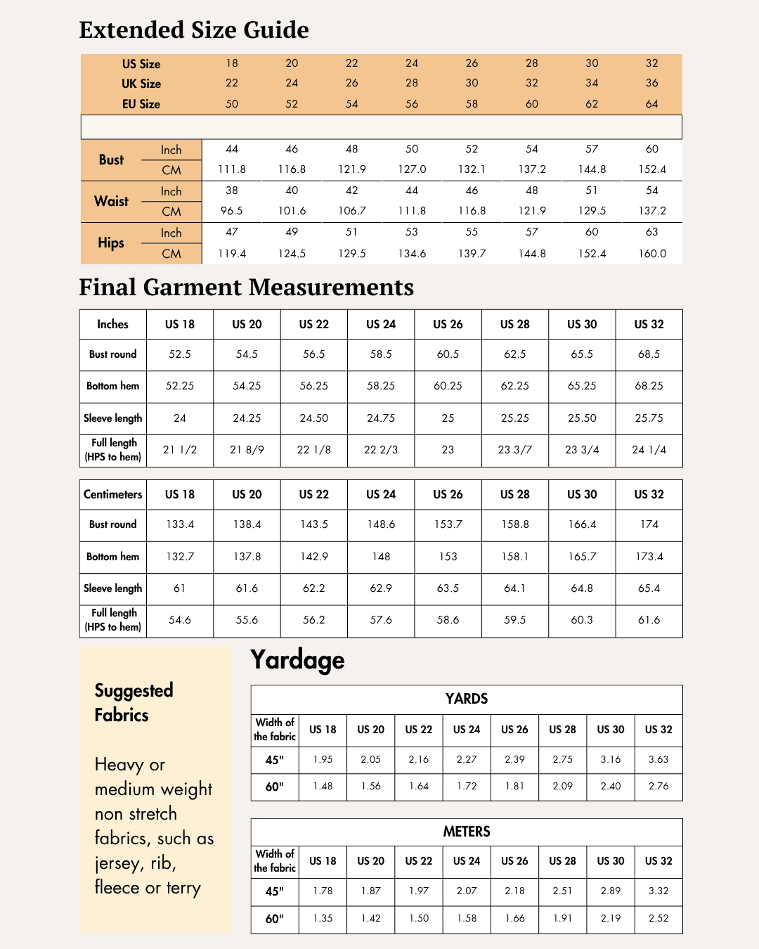 Extended Size guide and measurement charts for 'Noelle' crop jacket sewing pattern