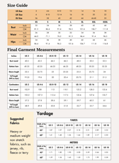 Size guide and measurement charts for 'Noelle' crop jacket sewing pattern