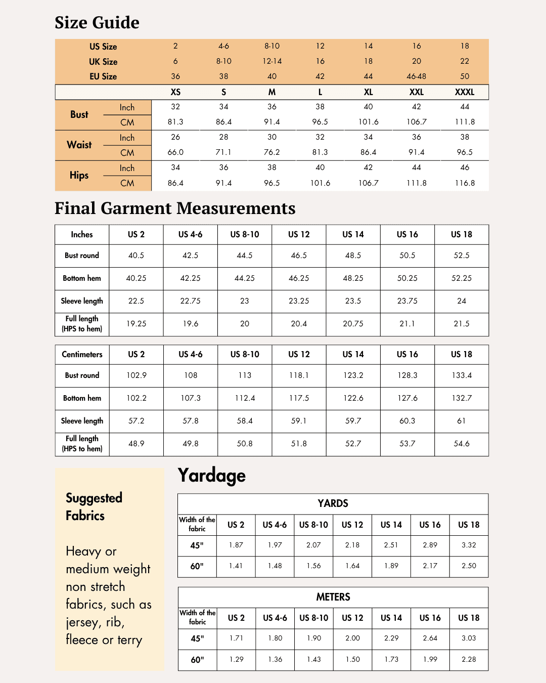 Size guide and measurement charts for 'Noelle' crop jacket sewing pattern
