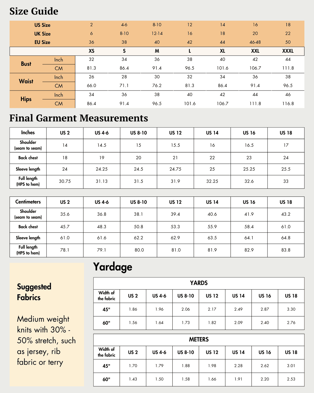 Size guide for women's long cardigan sewing pattern with measurements