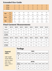 Extended Size guide chart for extended sizes, including bust, waist, hips, and final garment measurements