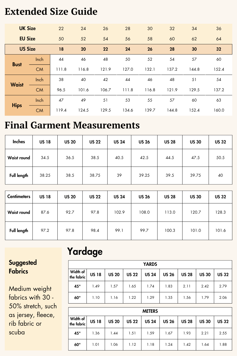 Extended Size guide for Women's leggings sewing pattern 'Nova'