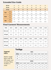 Extended Size guide, garment measurement and yardage for nova leggings sewing pattern