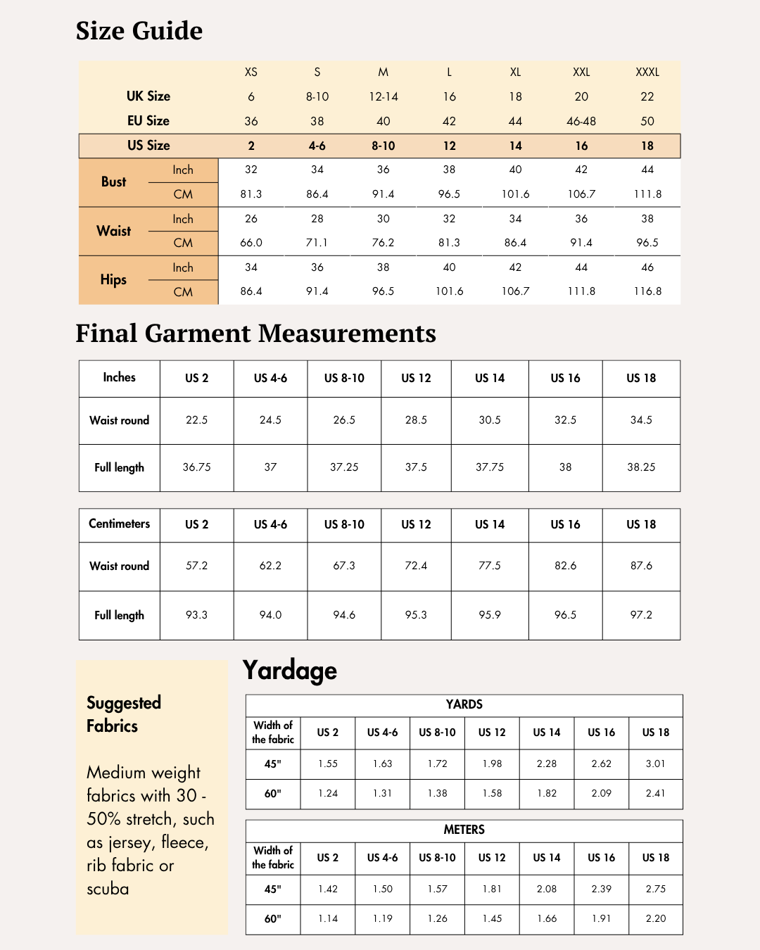 Size guide, garment measurement and yardage for nova leggings sewing pattern