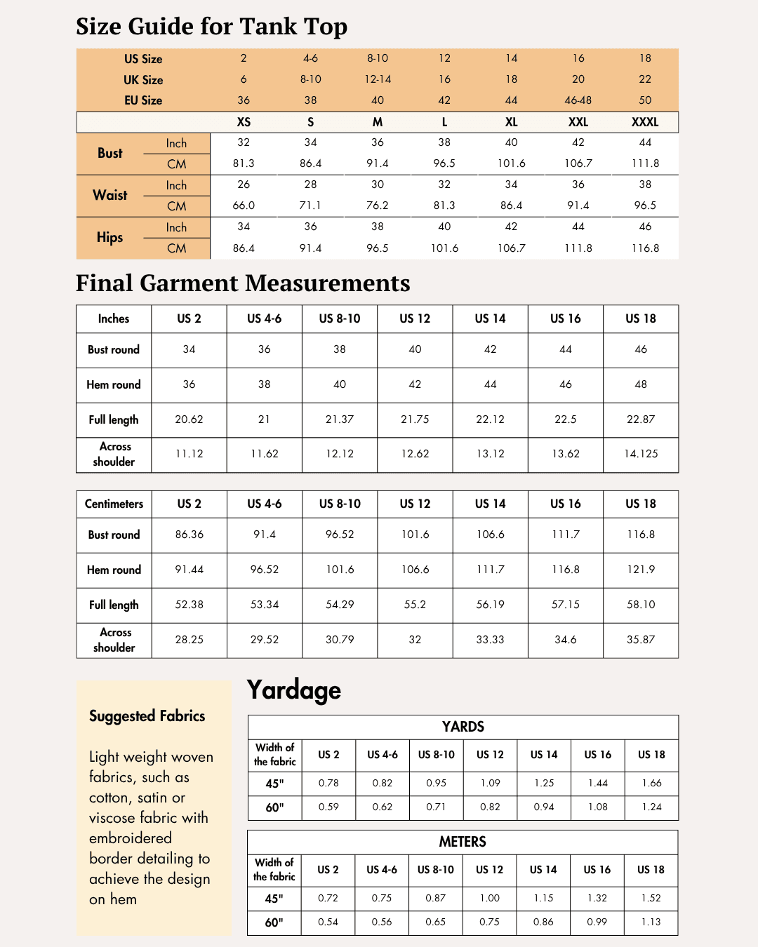 Size guide chart for tank top with measurements in inches and centimeters