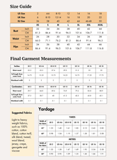 Size guide and fabric yardage for pleated skirt pattern