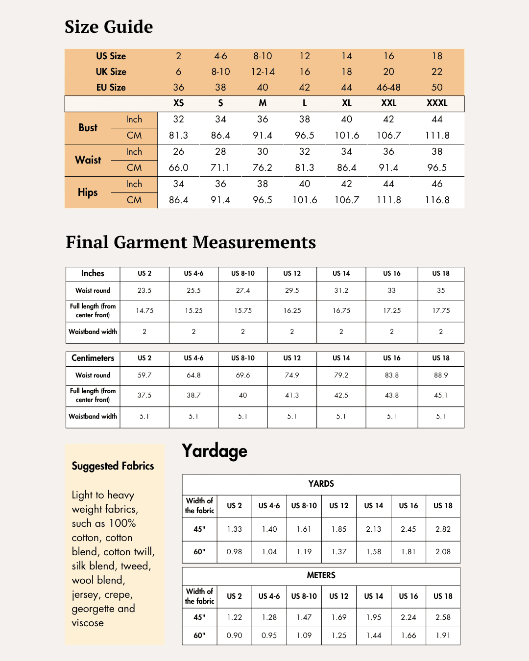 Size guide and fabric yardage for pleated skirt pattern