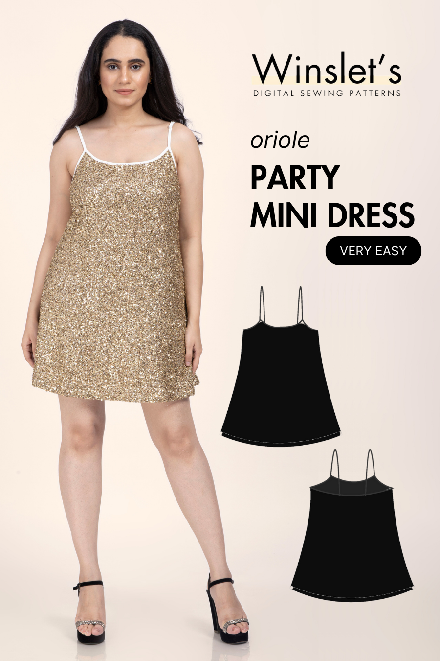 Party Mini Dress PDF Women's Sewing Pattern by Winslet's featuring a sleeveless, strappy slip dress in gold sequin fabric with above knee length.