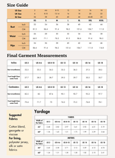Size guide with bust, waist, hips measurements for US, UK, EU sizes, detailed garment measurements, and fabric yardage info