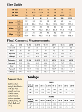Pamela tank dress size guide with US, UK and EU sizes, bust, waist and hip measurements, suggested knit fabrics and yardage
