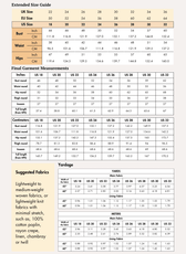 Extended Size guide chart for women's sewing pattern with measurements for various sizes