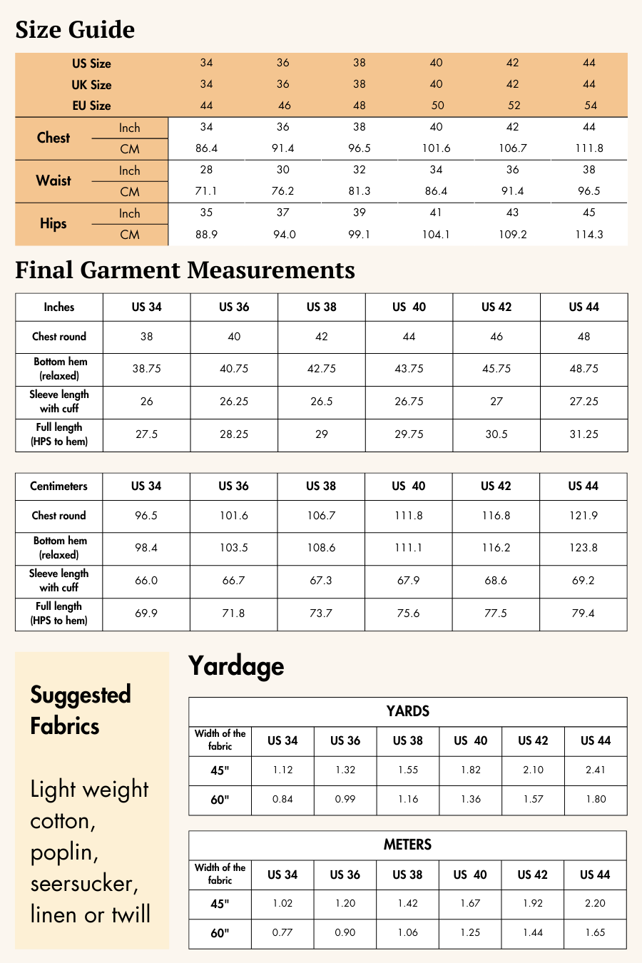 Size guide and fabric recommendations for the 'Patrick' men's formal shirt sewing pattern. Includes US, UK, and EU sizes with fabric yardage details.