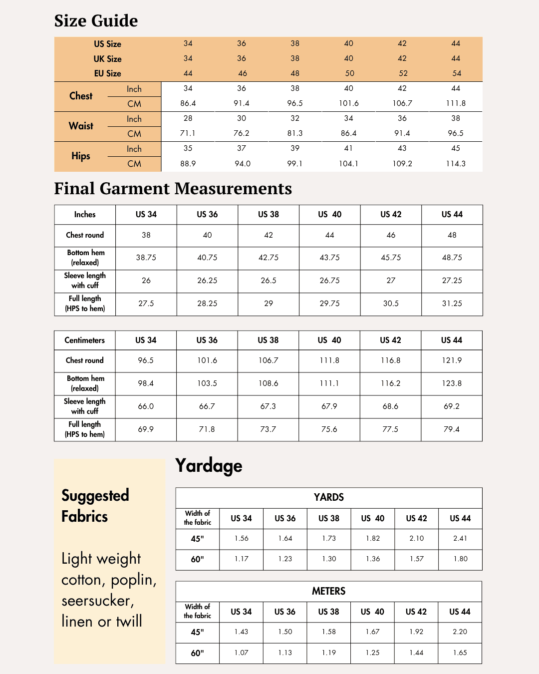 Men's formal shirt sewing pattern with detailed size guide and measurements