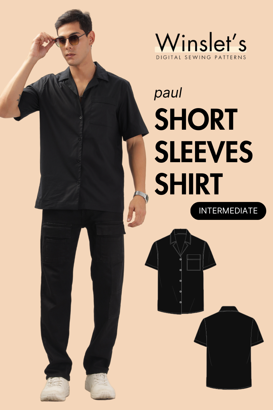 Men's Short Sleeves Shirt PDF Sewing Pattern with camp collar and chest patch pocket, shown in black with technical flat sketches.