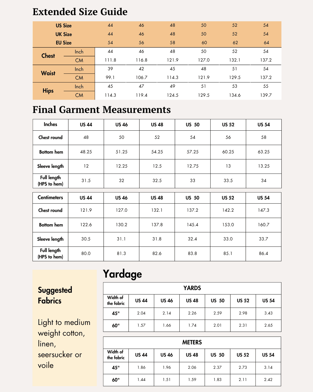 Extended Size guide and measurement charts for men's short sleeve shirt sewing pattern 'Paul'