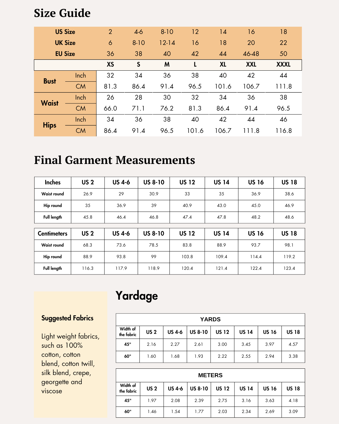 size guide for women's jumpsuit sewing pattern