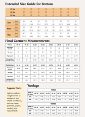 Extended size guide for women's pajama bottom pattern with bust, waist, and hips measurements