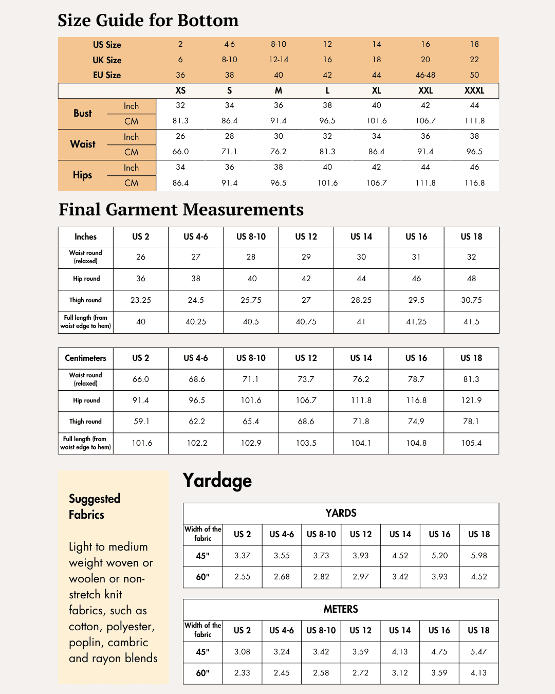 Size guide for women's pajama bottom with measurements in inches and centimeters