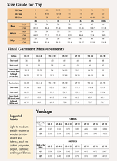 Size guide for women's pajama top with measurements in inches and centimeters