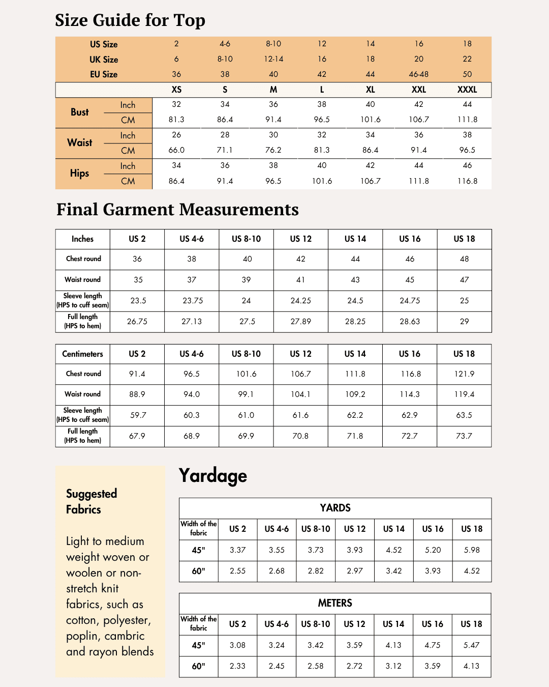 Size guide for women's pajama top with measurements in inches and centimeters