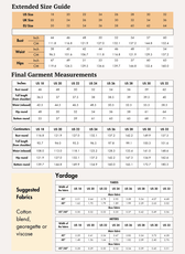 Extended size guide for women's bow dress sewing pattern with measurements