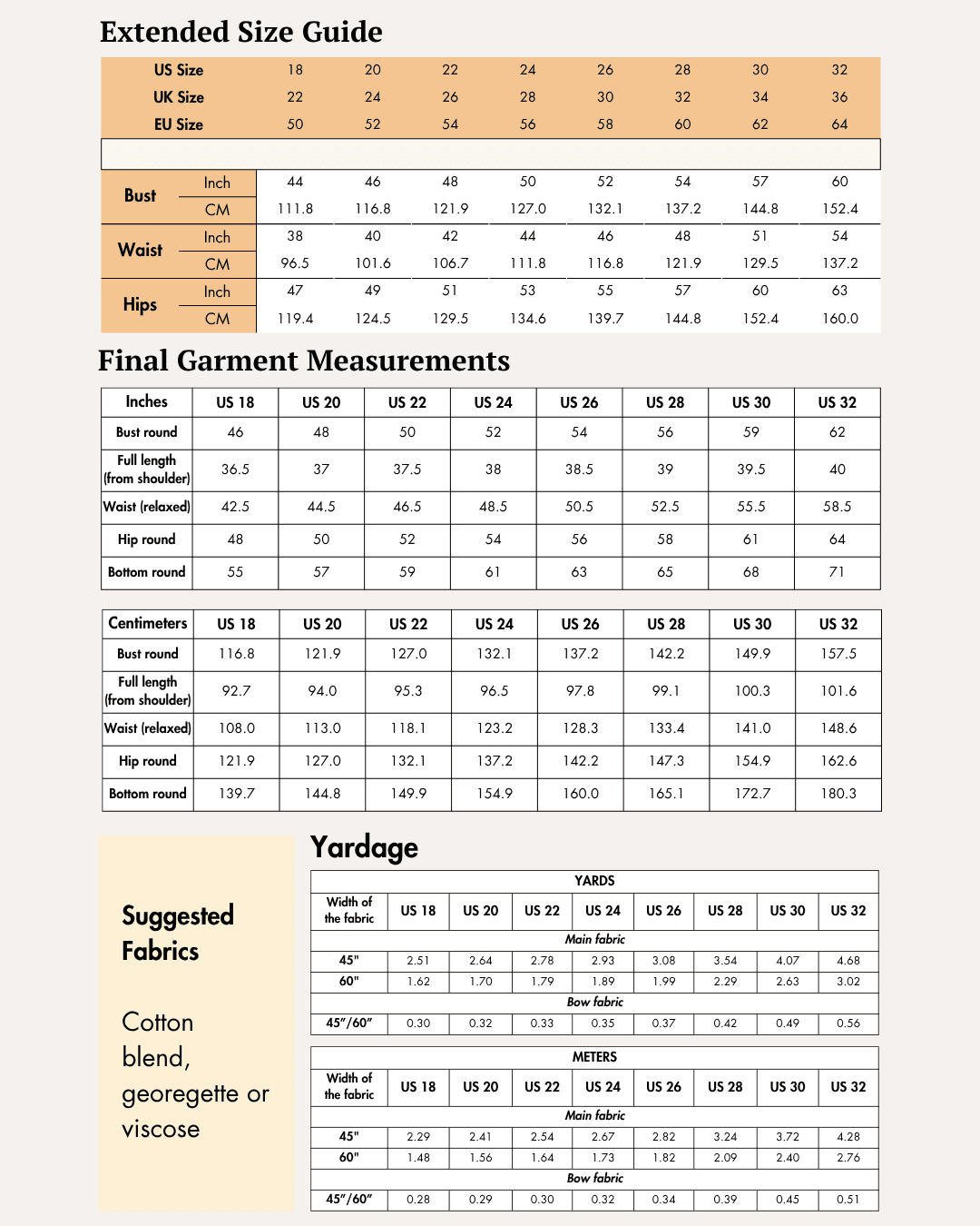 Extended size guide for women's bow dress sewing pattern with measurements