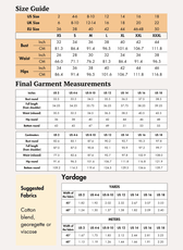 Size guide chart for women's bow dress sewing pattern with measurements