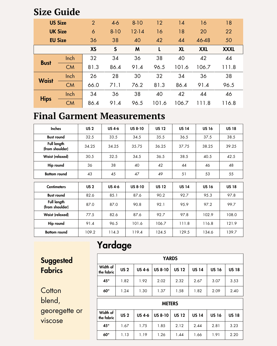 Size guide chart for women's bow dress sewing pattern with measurements