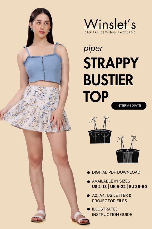 Strappy Bustier Top Sewing Pattern - Piper. Digital PDF pattern with tie straps, ruffle details, and smocked back. Available in US sizes 2-18.