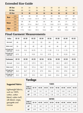 Extended size guide with bust, waist, and hip measurements for larger sizes in inches and centimeters