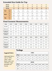 Extended size guide for top with bust, waist, hips, and garment measurements