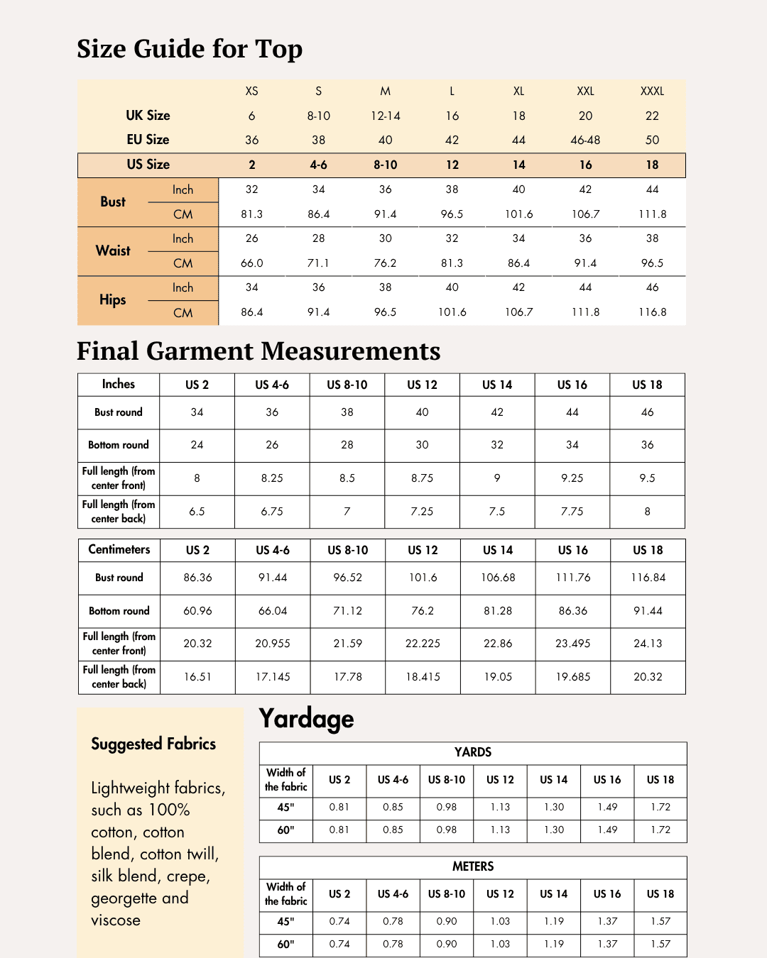 Size guide and measurement chart for sewing pattern with detailed garment dimensions