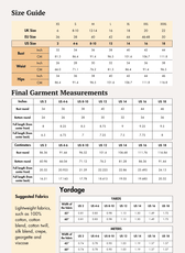 Size guide chart for sewing pattern, including bust, waist, and hip measurements in inches and centimeters