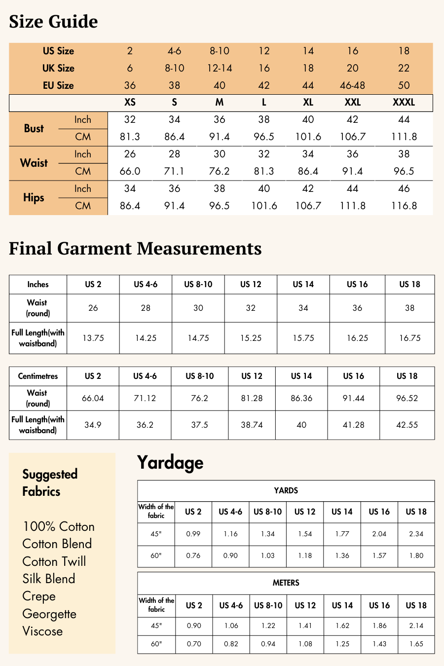 Size guide and fabric recommendations for the 'Poppy' skater skirt sewing pattern. Includes measurements, yardage, and suggested fabric types.