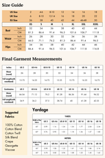 Size guide and fabric recommendations for the 'Poppy' skater skirt sewing pattern. Includes measurements, yardage, and suggested fabric types.