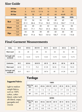 Size guide and measurement chart for sewing pattern