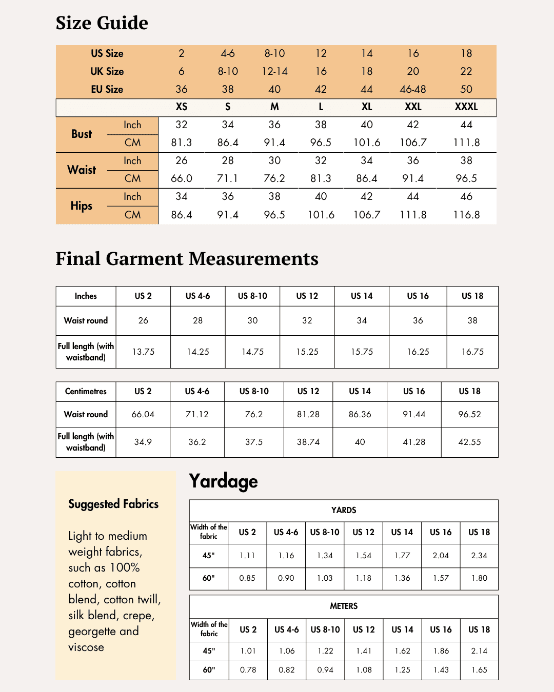 Size guide and measurement chart for sewing pattern