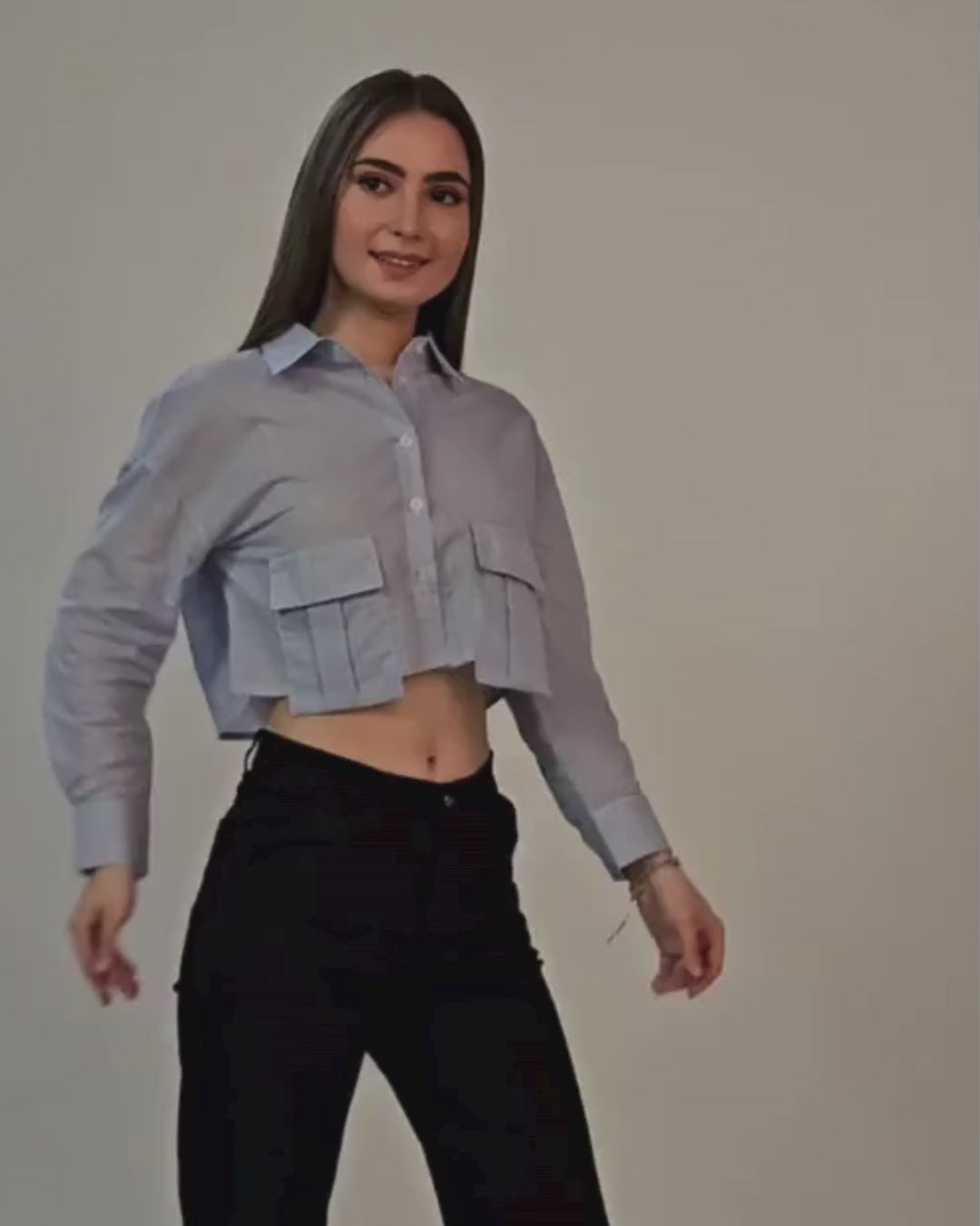 Women's cropped utility shirt sewing pattern 'Juniper' with long sleeves and button cuffs