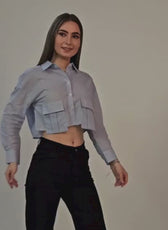 Women's cropped utility shirt sewing pattern 'Juniper' with long sleeves and button cuffs