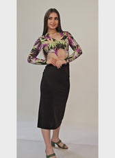 video of model wearing a pointed hem crop shirt sewed with winslet's pattern