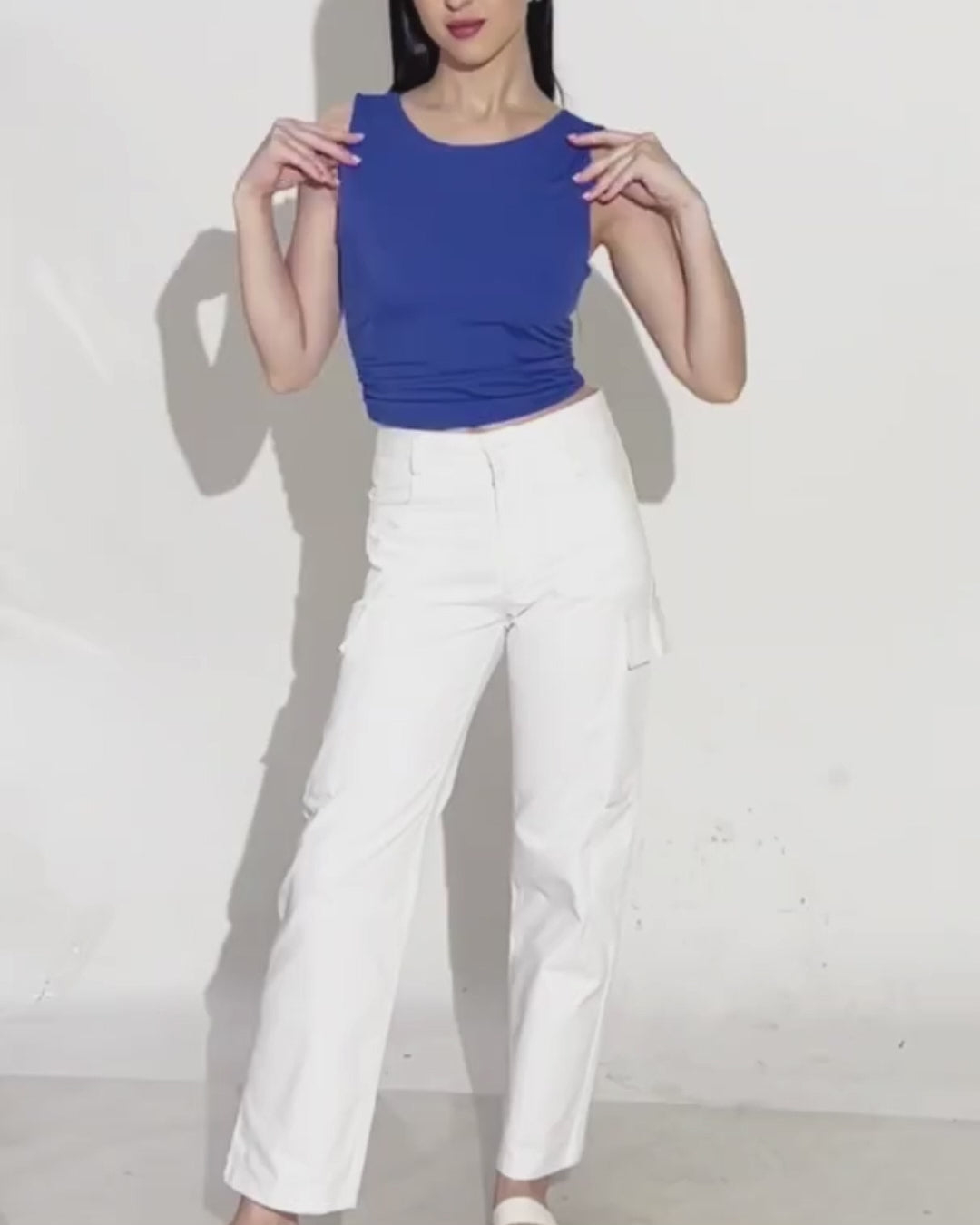 Blue sleeveless ruched top for women
