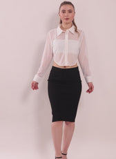 Video of a model posing in the crop shirt sewed with Winslet's pattern