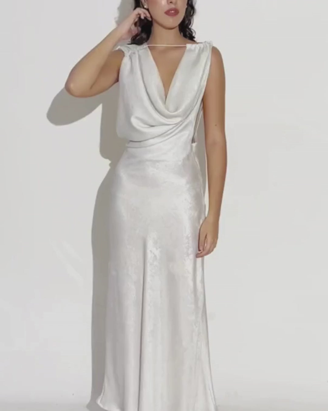 Ivory satin cowl neck gown sewing pattern for women's maxi dress