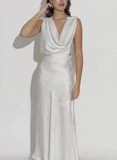Ivory satin cowl neck gown sewing pattern for women's maxi dress