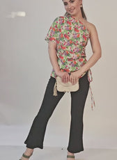 Distant shot of model wearing the one shoulder kimono top sewed with Winslet's pattern