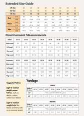 Extended size guide for women's cargo pants sewing pattern with bust, waist, hips, and final measurements