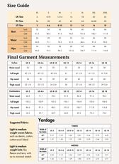 Size guide chart for women's cargo pants sewing pattern with measurements and fabric suggestions