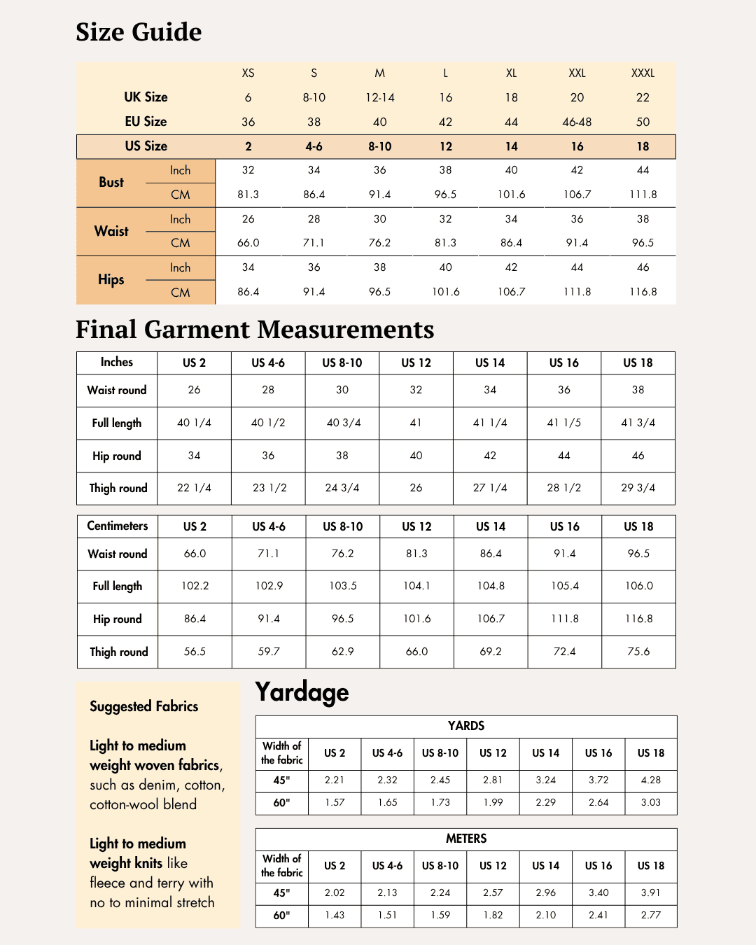 Size guide chart for women's cargo pants sewing pattern with measurements and fabric suggestions
