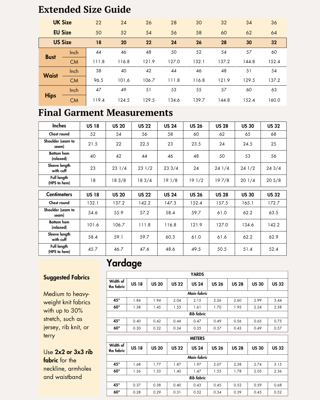 Extended Size guide chart for women's bomber jacket 'Raya' with measurements in inches and centimeters for various sizes