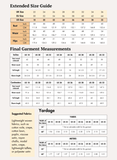 Extended Size guide and measurements for women's blouse sewing pattern 'Reese'